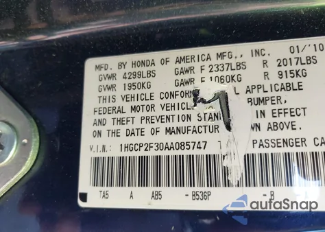 2010 Honda Accord 2.4 Lx from USA, damaged, VIN 1HGCP2F30AA085747